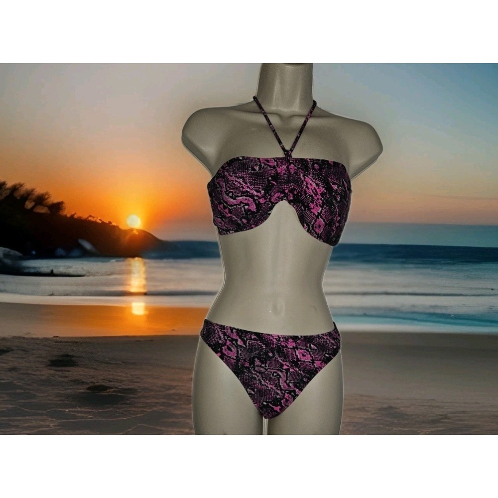 Vtg‎ OP Ocean Pacific Y2K Halter Bikini Size L 11-13 Black Hot Pink Snake Print